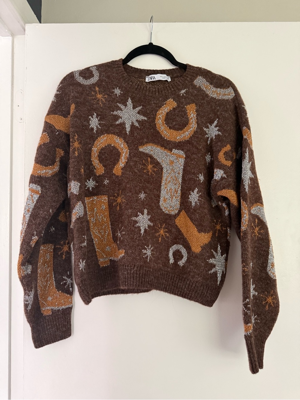 Zara Brown Knit Sweater with Metallic Western Detail